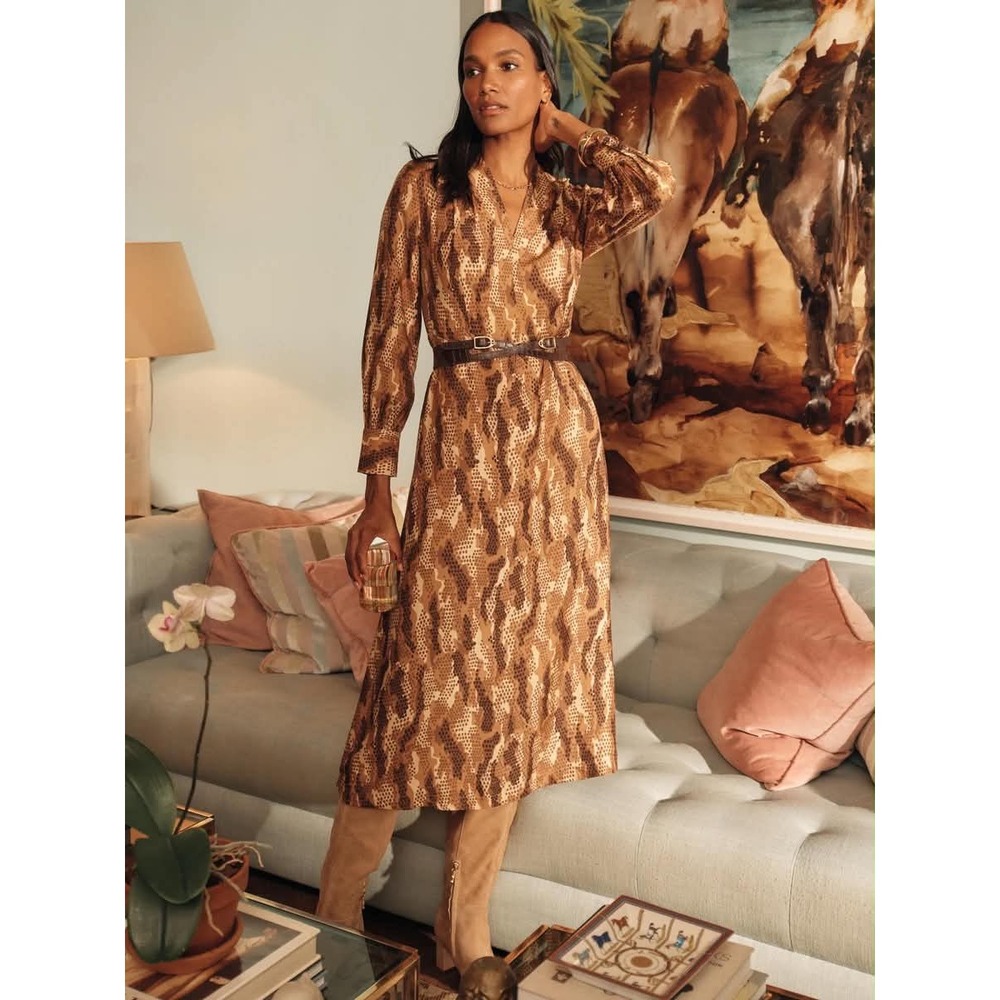 J.McLaughlin Portia Snake Print Silk Blend Midi Dress Camel Black Grasslands 6